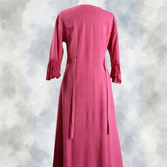 BFA Classic Embroidered Button Front Dress M Boho Fuchsia Rayon Midi Tie Back - Picture 11 of 16